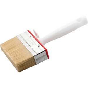 Pędzel płaski 100 mm z jasnym włosiem i białym uchwytem.