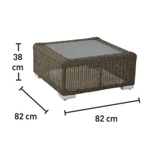 Kwadratowy stół ogrodowy Stratford Nature Dark w wyglądzie cementu z wymiarami.