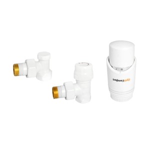 Instalacja grzejnika: Biały zawór termostatyczny i dwa zawory kątowe do systemów grzewczych.