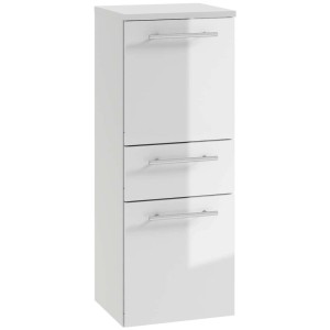 Wysoka, biała szafka łazienkowa z drzwiami i dwiema szufladami.
