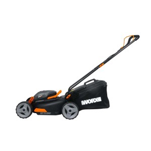 Kosiarka Worx WG743E, szerokość koszenia 40 cm, z akumulatorem i koszem.