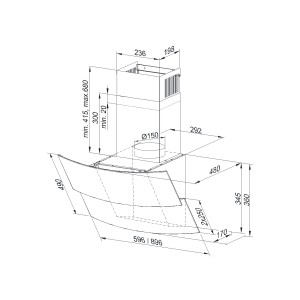 Rysunek techniczny okapu ściennego t.b.t. z wymiarami.