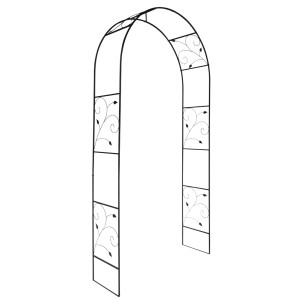 Czarny metalowy łuk różany z motywem liści, wysokość 228 cm, dla roślin ogrodowych.