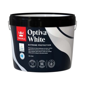 Farba do wnętrz Tikkurila Optiva White, biała, matowe wykończenie w wiadrze.