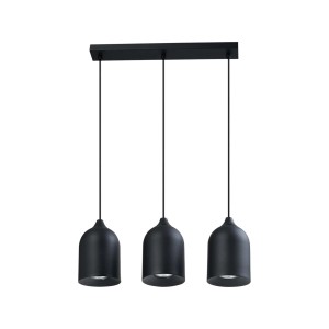 Czarna lampa wisząca t.b.t. z trzema kloszami do jadalni i salonu.