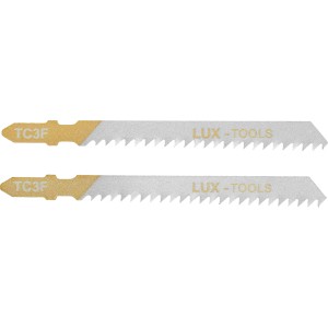 Dwa brzeszczoty LUX do wyrzynarki do drewna, chwyt T, 75 mm, do zgrubnego cięcia drewna.