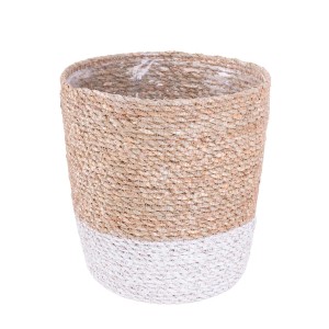 Doniczka na zioła t.b.t. z włókna naturalnego z białą podstawą.