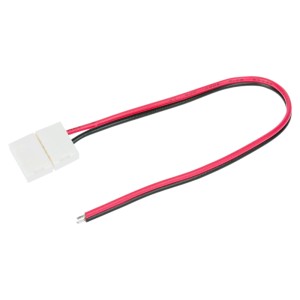 Złącze do taśmy LED t.b.t. z czerwonym i czarnym kablem.