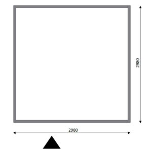 Rzut drewnianego domku t.b.t. z wymiarami.