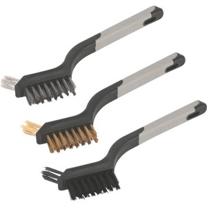 Zestaw szczotek drucianych, 3-częściowy: Szczotka stalowa, mosiężna i poliamidowa z plastikowym uchwytem do czyszczenia i polerowania.
