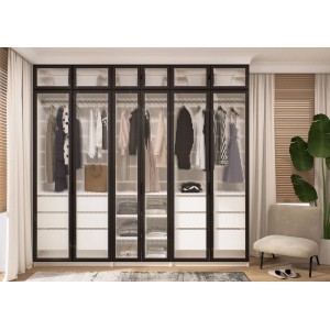 Nowoczesna szafa t.b.t. z szklanymi frontami i czarną ramą. Szafa do sypialni.