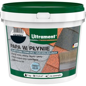 Wiadro z płynną papą Ultrament, odpowiednie do bitumicznych pokryć dachowych.
