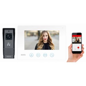 Zestaw domofonowy Eura ze stacją zewnętrzną, monitorem i aplikacją na smartfona do komunikacji drzwiowej.