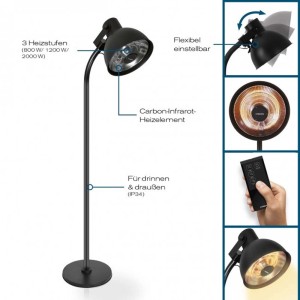 Czarny grzejnik tarasowy z elementem grzejnym z włókna węglowego i pilotem.