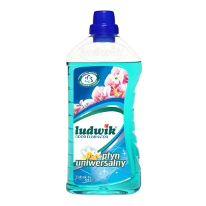 Uniwersalny płyn do czyszczenia Ludwik w turkusowej butelce z niebieskimi akcentami.