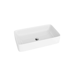 Prostokątna umywalka nablatowa t.b.t. w kolorze białym, nowoczesny design łazienki.