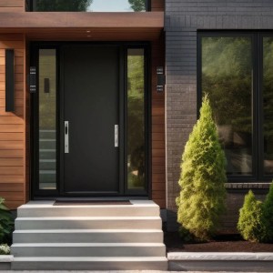 Nowoczesne drzwi wejściowe z bocznymi panelami szklanymi i oświetleniem zewnętrznym.