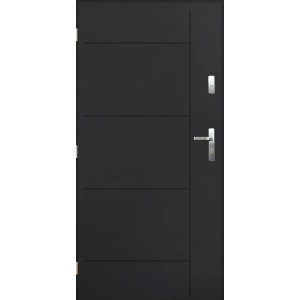 Nowoczesne, czarne drzwi zewnętrzne z poziomymi listwami ozdobnymi i srebrną klamką.