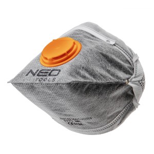 Szara maska ochronna NEO Tools z pomarańczowym zaworem.