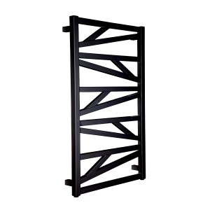 Czarny grzejnik t.b.t. o nietypowym wyglądzie do łazienki i salonu.