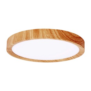 Okrągła lampa sufitowa LED Plafony t.b.t. z ramą imitującą drewno.