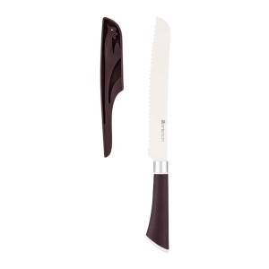 Nóż kuchenny t.b.t. z brązową rękojeścią i pasującą pochwą.