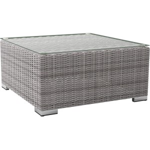Kwadratowy, szary stół ogrodowy ze szklanym blatem, wygląd rattanu.