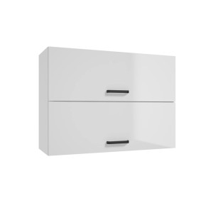 Biała szafka wisząca z zestawu mebli kuchennych z dwoma drzwiami i czarnymi uchwytami.