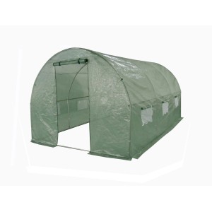 Zielony tunel foliowy t.b.t. z drzwiami i oknami.