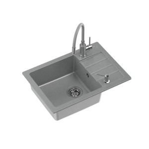 Szary zlewozmywak granitowy t.b.t. z ociekaczem, baterią i dozownikiem mydła.