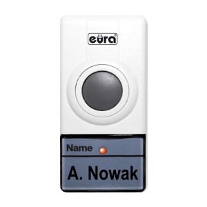 Biały dzwonek do drzwi t.b.t. z przyciskiem i tabliczką "A. Nowak".