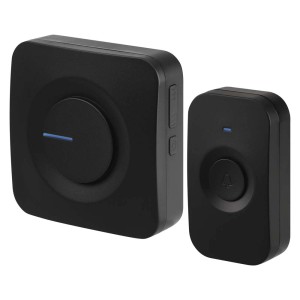 Czarny bezprzewodowy dzwonek t.b.t. do drzwi wejściowych, składający się z nadajnika i odbiornika.