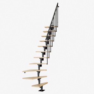 Schody wewnętrzne spiralne z drewnianymi stopniami i czarną balustradą.