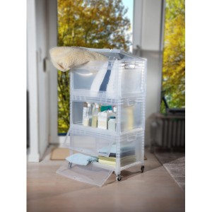 Przezroczysty system Eurobox z boczną klapą, 60x40x32 cm, jako rozwiązanie do przechowywania.