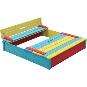 Kolorowa piaskownica SwingKing Sepp 120x120 cm z składaną pokrywą jako ławka.
