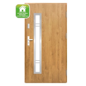 Drzwi zewnętrzne w kolorze drewna z szybą i srebrnymi okuciami.