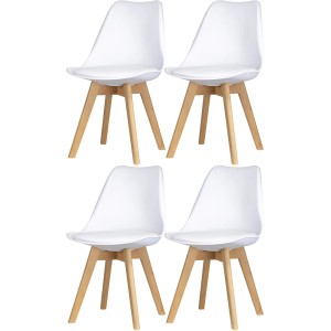 Zestaw 4 białych krzeseł tapicerowanych z drewnianymi nogami.