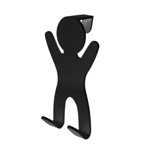 Czarny wieszak na drzwi w kształcie ludzika, część zestawu akcesoriów łazienkowych.