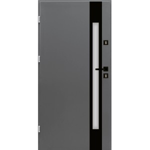 Szare drzwi zewnętrzne z czarnym akcentem i wąskim przeszkleniem.