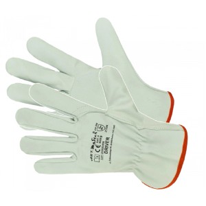 Jasne, skórzane rękawice robocze t.b.t. z czerwonym obszyciem. Kategoria: Rękawice robocze.