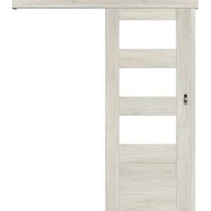 t.b.t. Drzwi wewnętrzne z czterema poziomymi wstawkami szklanymi i okuciami do drzwi przesuwnych.