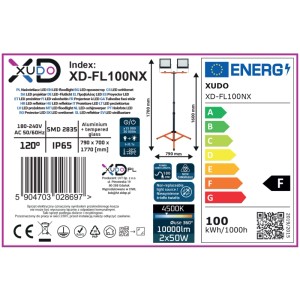 Xudo Naświetlacz LED 2x50W 4500K 10000lm IP65 na statywie