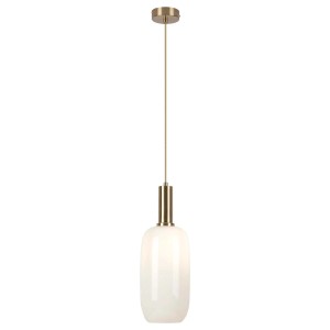 Elegancka lampa wisząca t.b.t. z opalowo białym szklanym kloszem i złotymi akcentami.