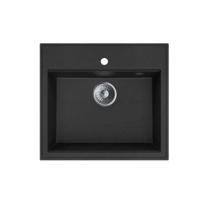 Czarny zlewozmywak granitowy t.b.t. z okrągłym odpływem.