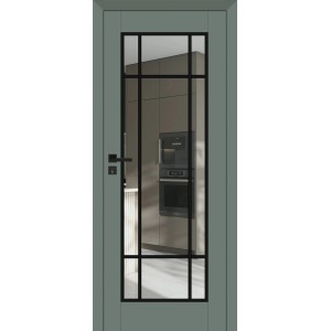 Nowoczesne drzwi wewnętrzne t.b.t. z szybą i czarną ramą.