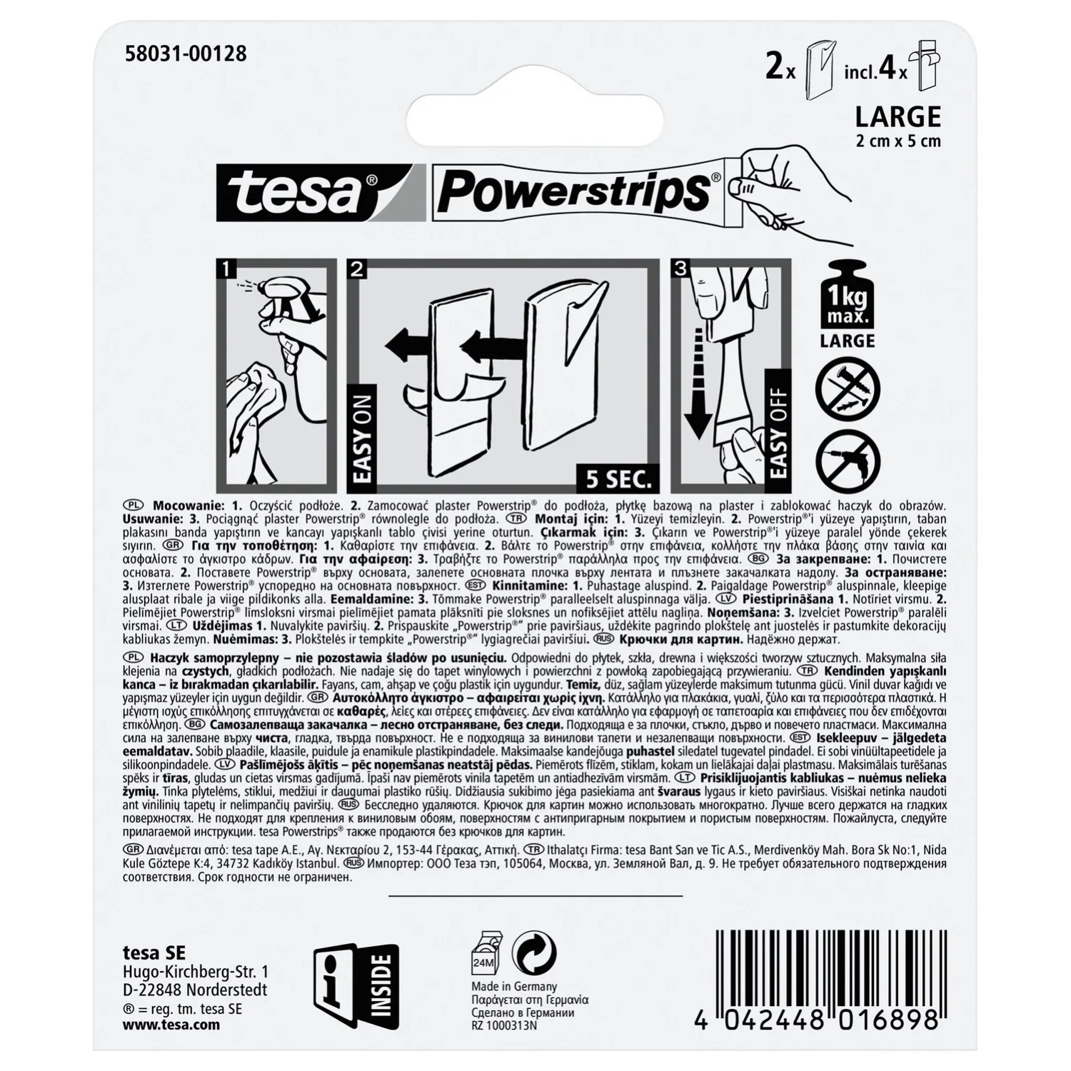 Haczyki Tesa Powerstrips, 2 sztuki, duże, do montażu bez wiercenia.