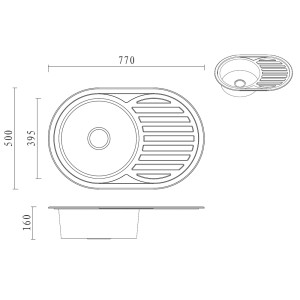Szkic zlewozmywaka ze stali nierdzewnej z ociekaczem i wymiarami.
