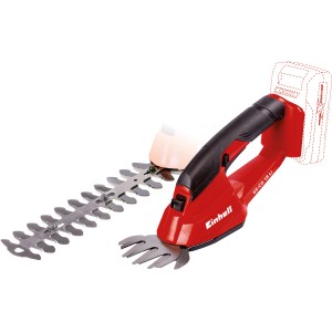 Akumulatorowe nożyce do trawy i krzewów Einhell GC-CG 18 Li z dwoma nasadkami tnącymi (bez akumulatora).
