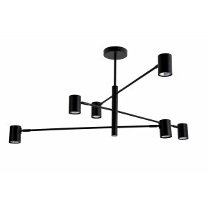 Czarna lampa wisząca t.b.t. z sześcioma cylindrycznymi głowicami.
