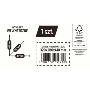 Infografika dla pudełka kartonowego t.b.t.: wymiary, znak FSC, kod kreskowy i informacje o producencie.